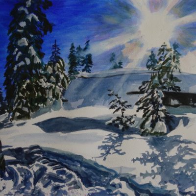 Winter snow landscape with bright sun
